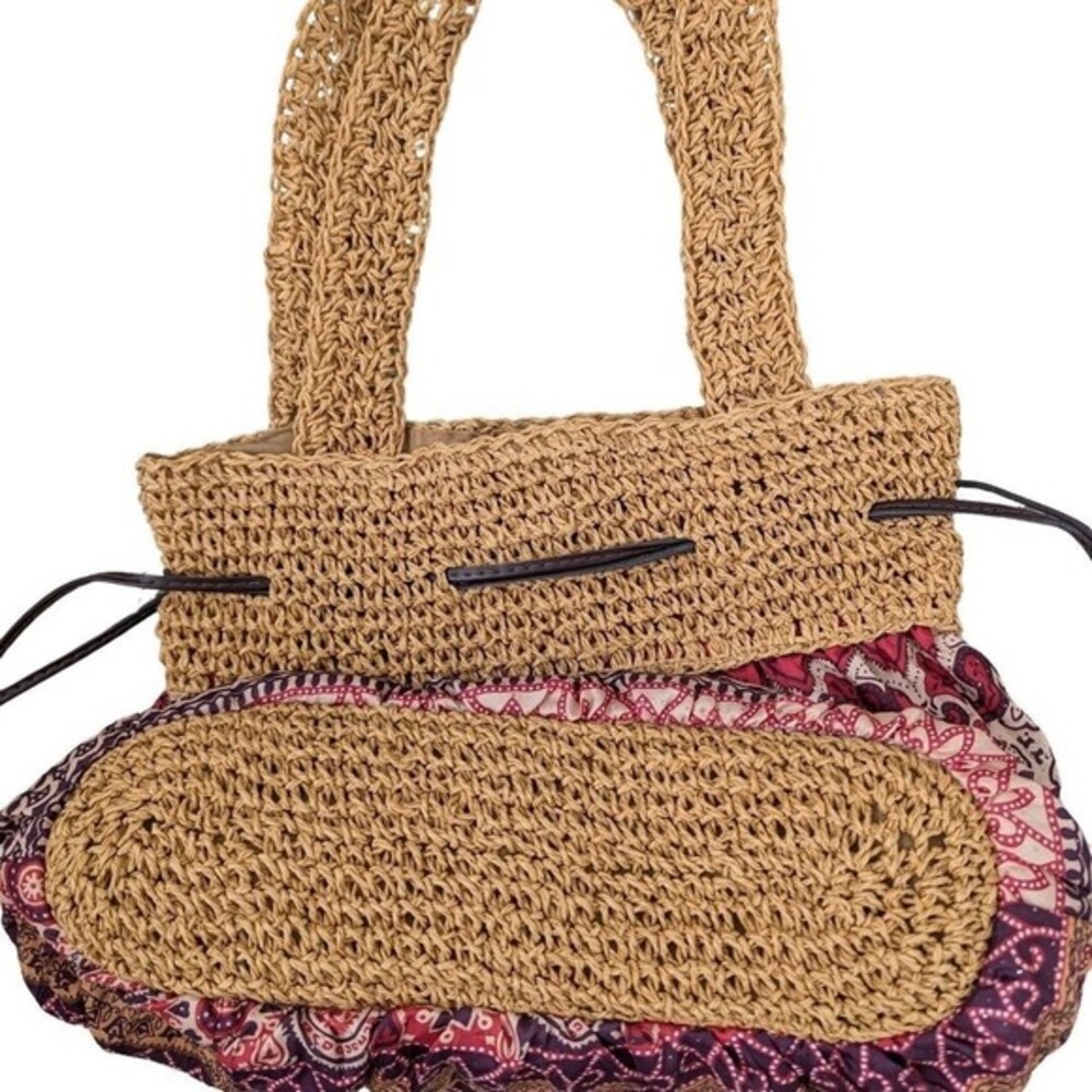 Boho Tote Shoulder Cinch Bag‎ Drawstring Closure Woven Straw Geometric Pattern - Picture 6 of 14